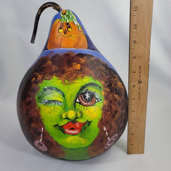 Handpainted Witch And Pumpkin Gourd - Halloween OOAK - Picture 6 of 12